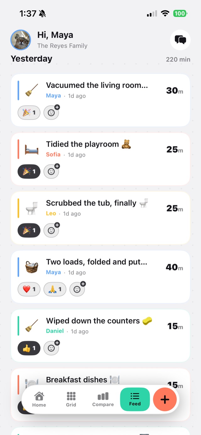 A reverse-chronological feed of logged chores with reactions